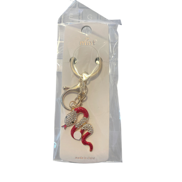 SNAKE KEYCHAIN RED SPARKLES ON GOLD PLATED - Picture 1 of 1